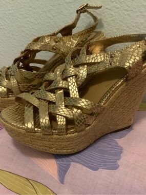 Fergalicious - Gold Gladiator Espadrille Wedges - Size 7